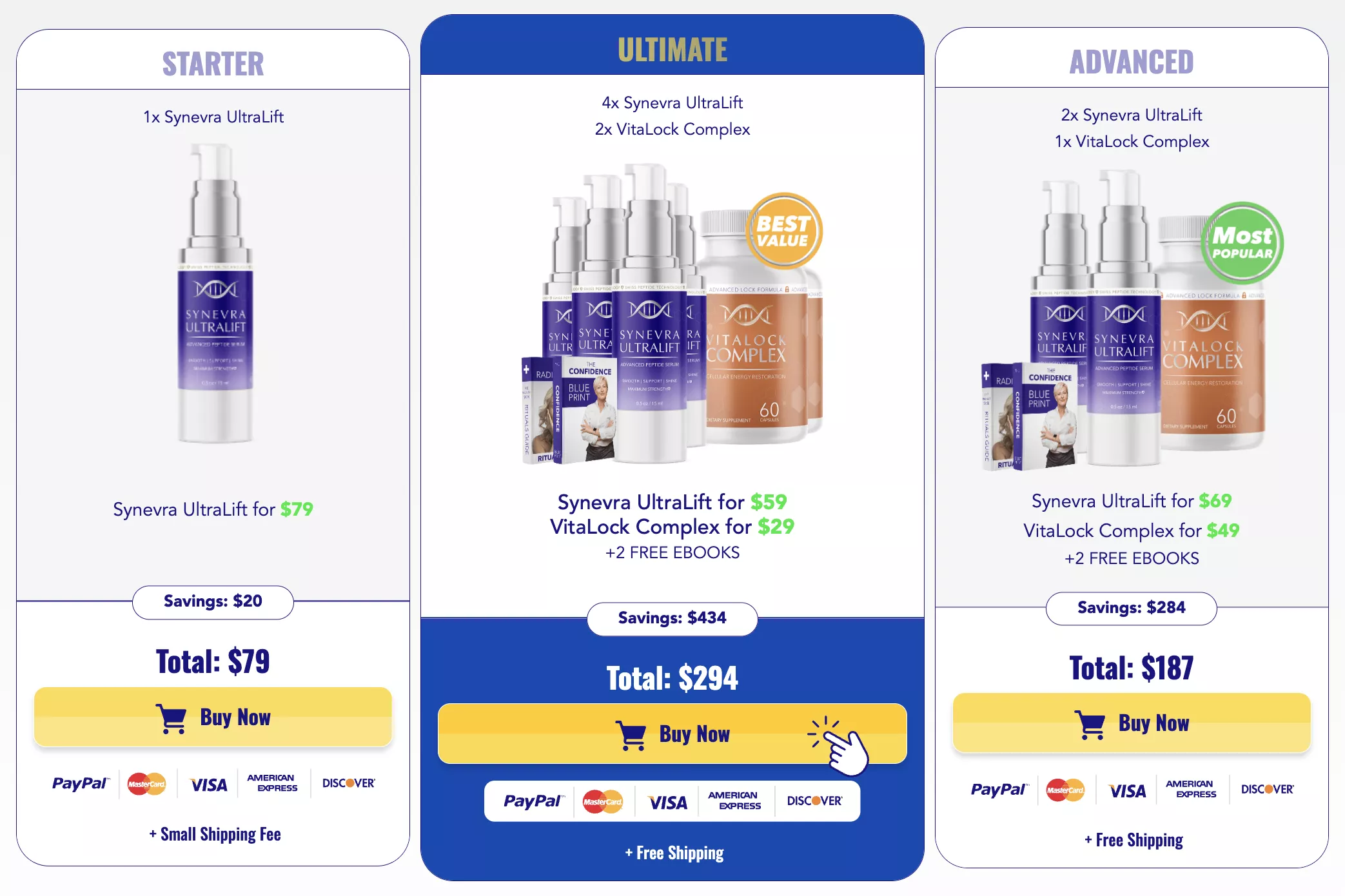 Synevra UltraLift pricing packages - Starter, Ultimate and Advanced options